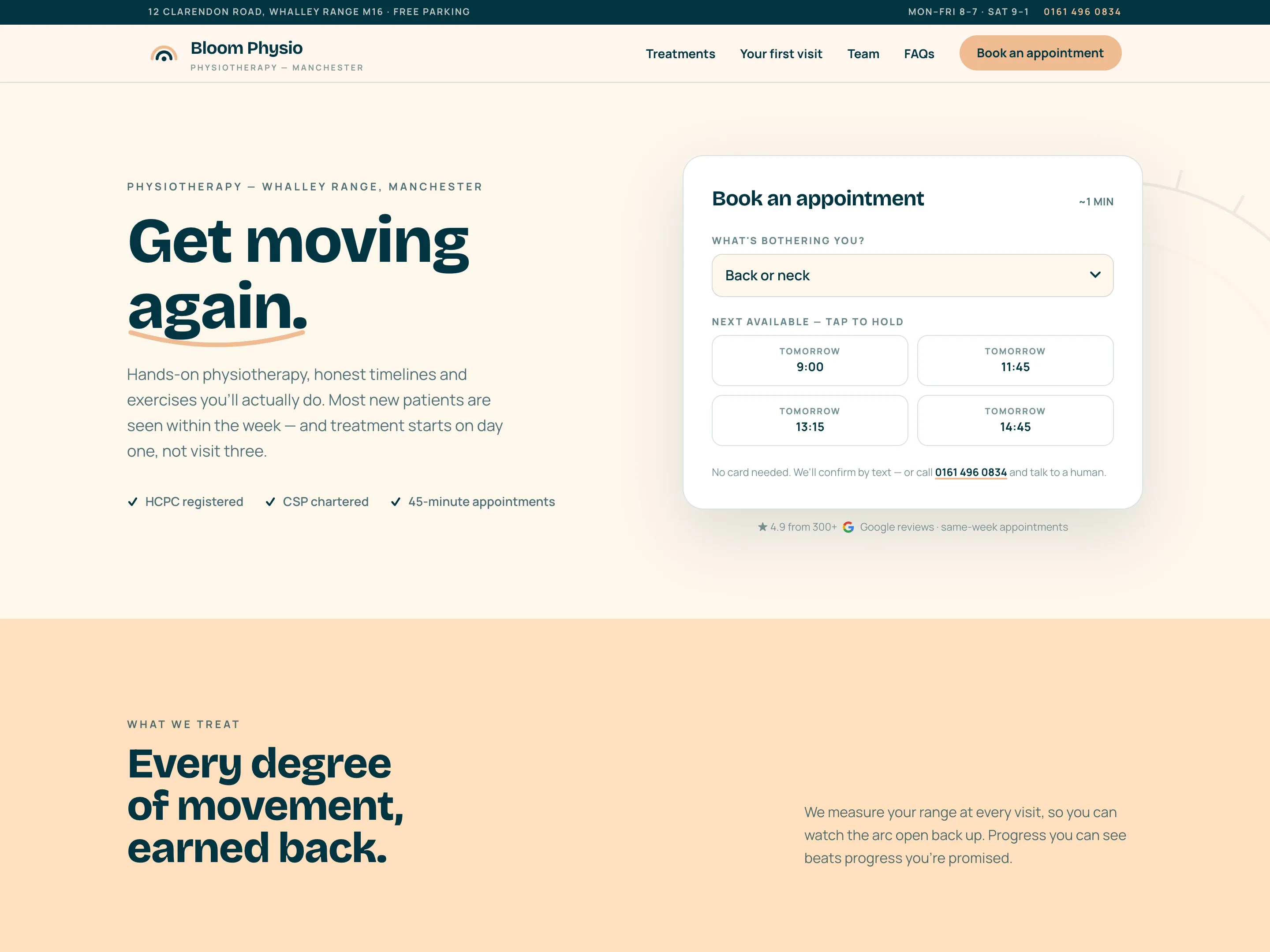 Screenshot of the Bloom Physio concept website
